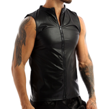 Black Wet Look Faux Leather Tank Top / Round Neck Zipper Vest / Men's Sexy Outfits