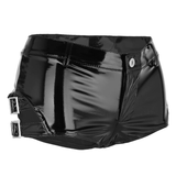 Schwarze Damen-Shorts aus glänzendem Leder mit niedrigem Bund / sexy Mini-Shorts im Wet-Look mit Reißverschluss 