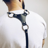 Body Faux Leather Bondage / Men Waist Harness Belt With Silver Chain / Black Straps with O-Ring - EVE's SECRETS