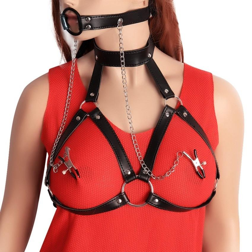 Cupless Women PU Leather Body Harness / Hollow Out Bondage Garter Belt for Rave Outfits - EVE's SECRETS