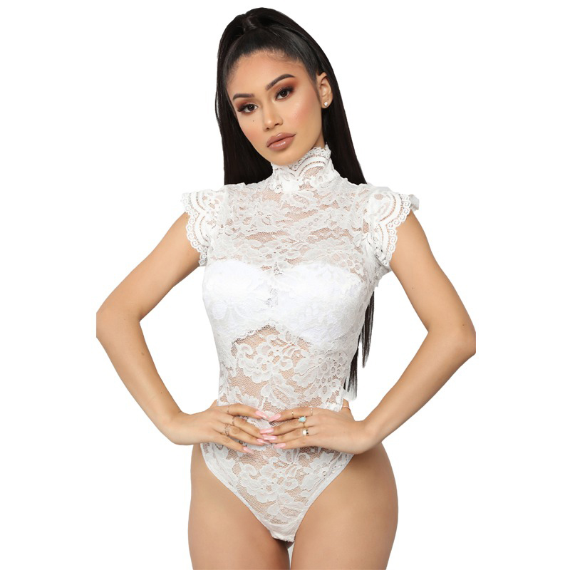 Elegant and Sexy Lace Bodysuit in Two Colors / Women's Turtleneck Leotard with Short Sleeve - EVE's SECRETS