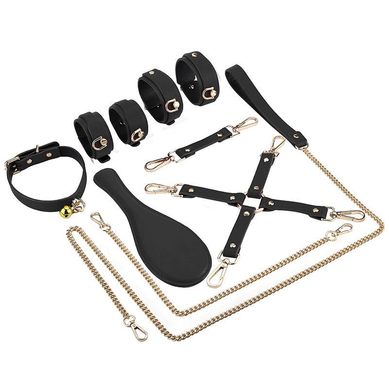 Erotic BDSM Kit with Shiny Chain / Adult PU Leather Sex Toy / 6 Pcs Set for Couples - EVE's SECRETS