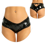 Erotic Lace V-Back Panties / Women's Black Leather Lingerie / Sexy Wet Look Underpants - EVE's SECRETS