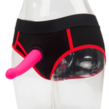 Black and Red Strap-On Harness Briefs with Vibrating Curved Dildo