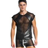 Erotic Men's Faux Leather Mesh T-shirt / Stylish Male O-Collar and Short Sleeves Fitness Tops
