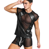 Erotic Men's Faux Leather Mesh T-shirt / Stylish Male O-Collar and Short Sleeves Fitness Tops - EVE's SECRETS