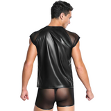 Erotic Men's Faux Leather Mesh T-shirt / Stylish Male O-Collar and Short Sleeves Fitness Tops - EVE's SECRETS