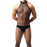 Erotic Open Crotch Jumpsuit for Men / Male Sexy Mesh Underwear / Black Bodysuit Costume