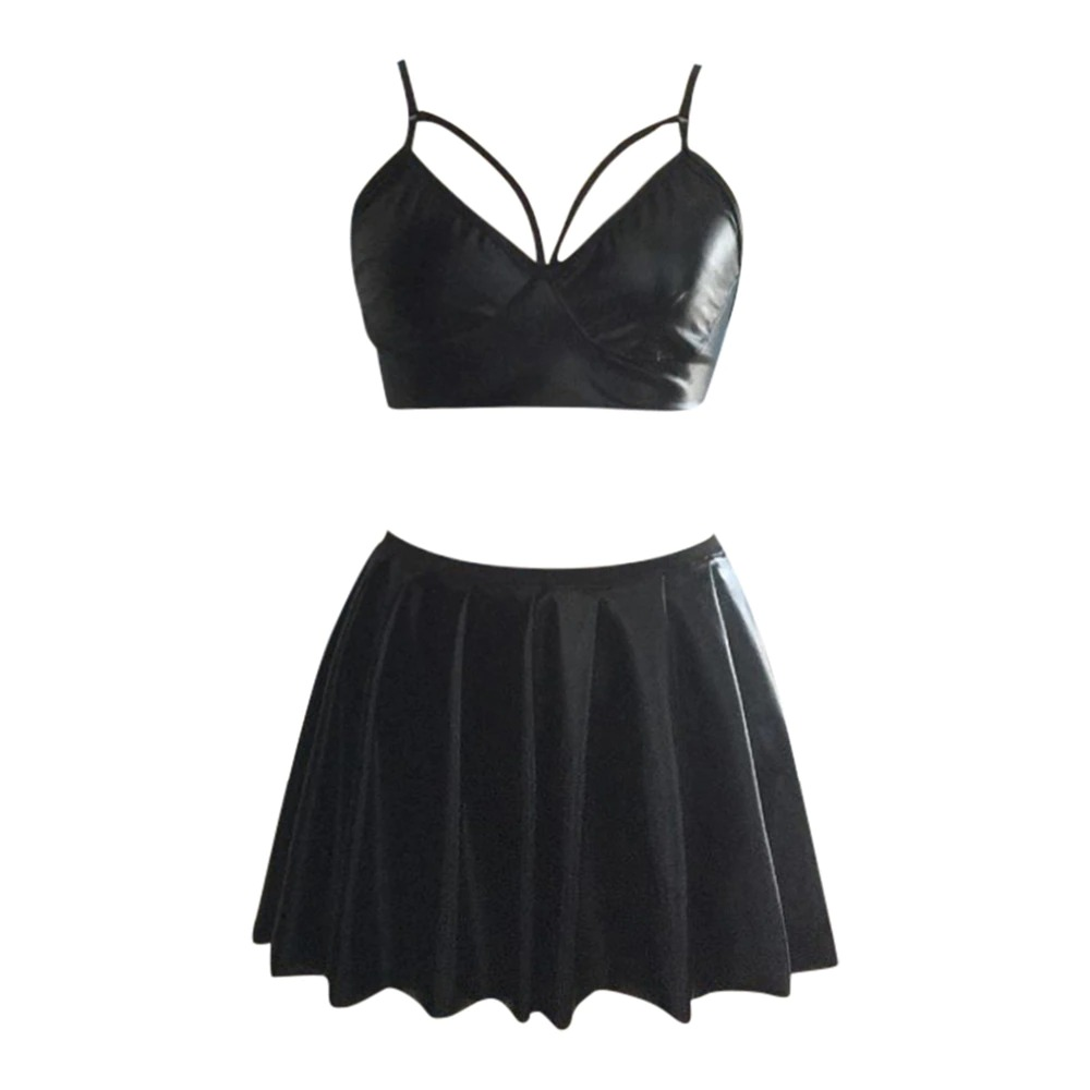 Erotic PU Leather Lingerie with Mini Skirt / Women's Underwear Sets / Black Sexy Bodysuit - EVE's SECRETS