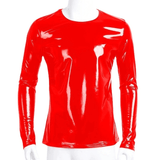 Fashion Men's Wet Look Patent Leather Top / Male Black and Red Shiny Long Sleeves Pullovers - EVE's SECRETS