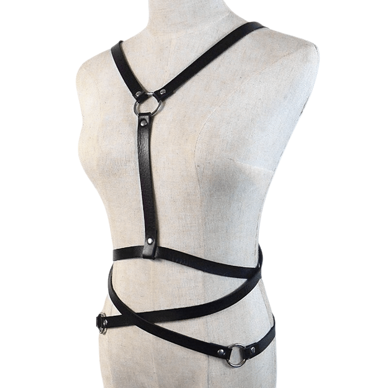 Faux Leather Body Harness / Metal O-Ring Shoulder and Waist Belts / BDSM Unisex Accessories - EVE's SECRETS