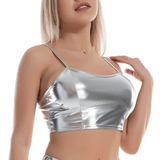 Fashion Women's Glossy Sleeveless Crop Top / Shiny Metallic Camis with Adjustable Spaghetti Straps - EVE's SECRETS