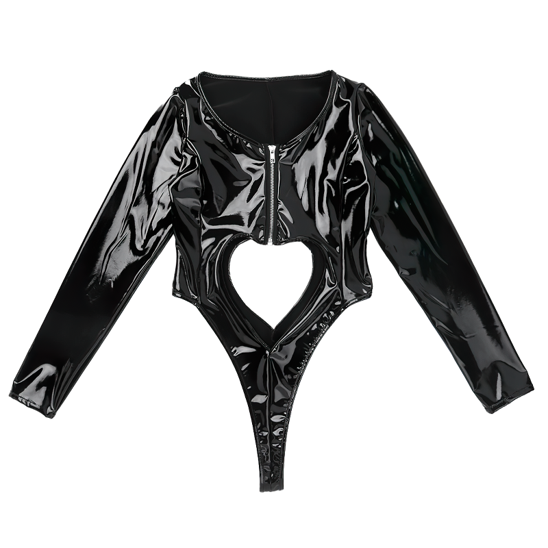 Fashion Women's Wet Look PU Leather Bodysuit / Front Zipper Hollow Out High Leg Jumpsuit - EVE's SECRETS