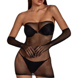 Female Hollow Out Nightwear / Erotic Black Lingerie / Sexy See-through Mini Dress with Oversleeve - EVE's SECRETS