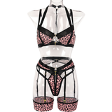 Female Hollow Out Sexy Leopard Lingerie / Women's Erotic 3-Piece Underwear Outfit