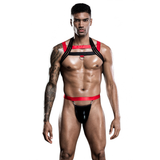 Jockstrap-Slip mit T-Rücken und elastischem Brustgeschirr in Schwarz und Rot / Sexy Unterwäsche-Set für Herren 
