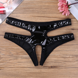Ladies' Exotic Crotchless Panties / Wet Look Sexy Black Briefs / Women's Faux Leather Lingerie - EVE's SECRETS