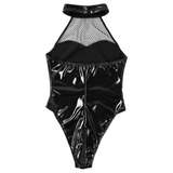 Ladies Latex Mesh Patchwork Bodysuit / Black Wet Look Backless Lingerie on Zipper - EVE's SECRETS