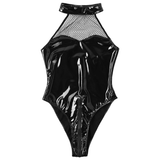 Ladies Latex Mesh Patchwork Bodysuit / Black Wet Look Backless Lingerie on Zipper - EVE's SECRETS