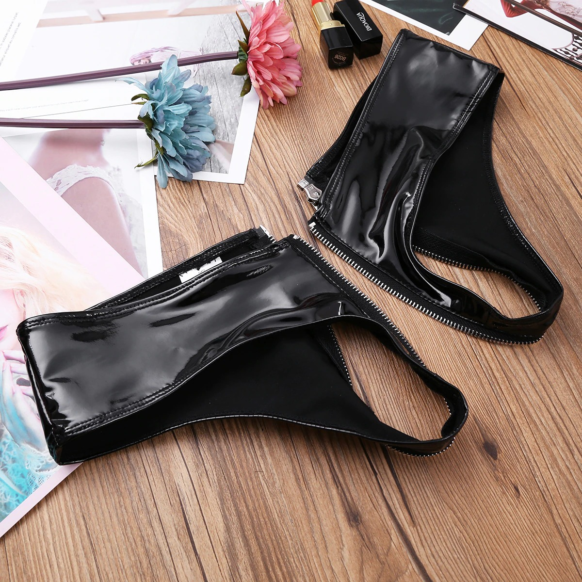 Ladies PU Leather Underwear / Erotic Patent Leather Panties for Women / Panties with Zipper and Low Rise - EVE's SECRETS