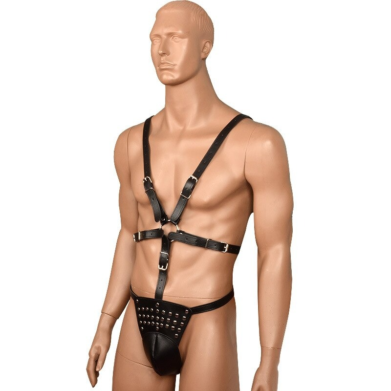 Male Black BDSM Bondage with Rivets / Chastity Pants / PU Leather Sexy Clothing - EVE's SECRETS