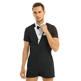 Male Gentleman Jumpsuit Romper With Turn Down Collar / Sexy Waiter Cosplay Clubwear Costume