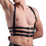 Male PU Leather Body Harness / Men's Black Adjustable Shoulder Belts