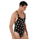 Male Bodysuit with Lip and Skull Print / U-Neck Sleeveless High-Cut Leotard / Men's Sexy Underwear - EVE's SECRETS