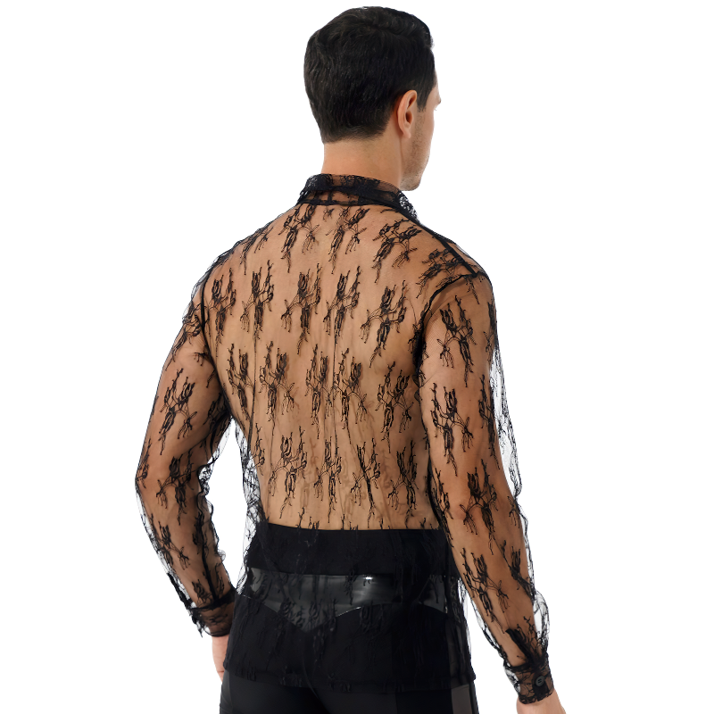 Men's Fashion See-Through Lace Floral T-Shirt / Turn-down Collar Long Sleeve Button Shirt - EVE's SECRETS