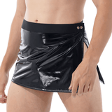Men Sexy Wetlook Shiny Patent Leather Skirt / Elastic Waistband Side Split Miniskirt for Nightclub