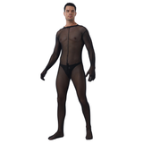 Men's Black Mesh Bodysuit / Male Sexy Skinny Bodystocking with Zipper Crotch