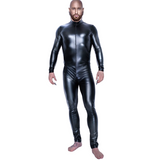 Body érotique Wetlook noir pour hommes / vêtements en similicuir fétiche avec entrejambe ouverte 