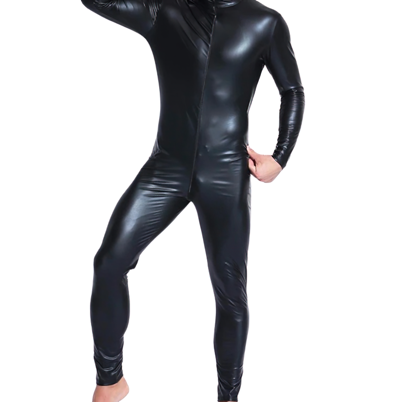Men's Black Wetlook Erotic Bodysuit / Fetish Faux Leather Wear With Open Crotch - EVE's SECRETS