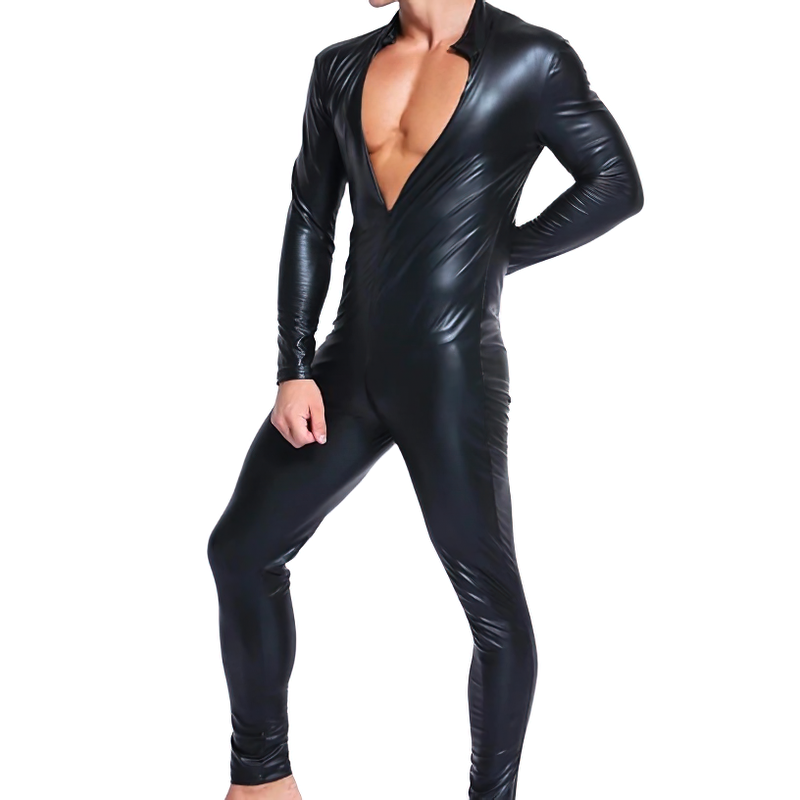 Men's Black Wetlook Erotic Bodysuit / Fetish Faux Leather Wear With Open Crotch - EVE's SECRETS