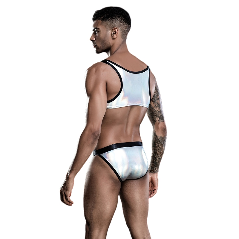 Men's Crop Top and Briefs with Buckle Straps / Male Sexy Clubwear in Holographic Silver Color - EVE's SECRETS