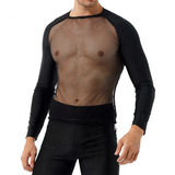 Erotik-T-Shirt für Herren in Schwarz mit durchsichtigem Netzstoff / O-Ausschnitt mit langen Ärmeln und exotischem Oberteil für die Party 