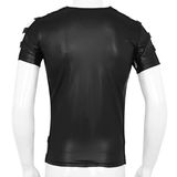 Men's Faux Leather Short Sleeve Round Neck T-Shirt / Fashion Elastic Black Muscle T-shirts - EVE's SECRETS