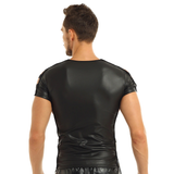 Men's Faux Leather Short Sleeve Round Neck T-Shirt / Fashion Elastic Black Muscle T-shirts - EVE's SECRETS