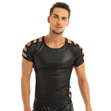 Herren-T-Shirt aus Kunstleder mit kurzen Ärmeln und Rundhalsausschnitt / modisches elastisches schwarzes Muskel-T-Shirt 