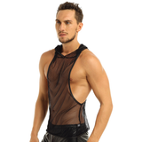 Men's Fishnet Hooded Black Tank Top / Sexy See-through Mesh Outfits for Men
