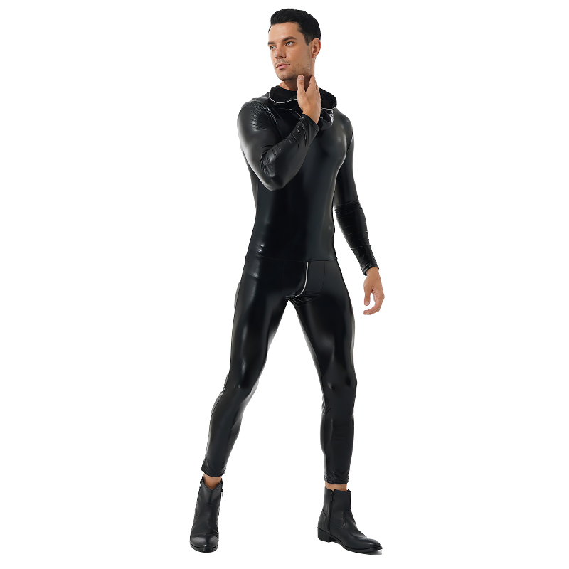 Men's Latex Wet Look Shiny PU Leather Catsuit / Hooded Role Play Skinny Zipper Bodysuit - EVE's SECRETS