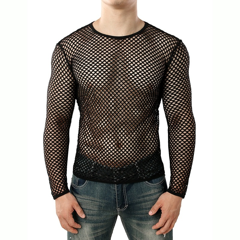 Men's Mesh Long Sleeve O-Neck Summer Top / Sexy Fishnet See Through Clubwear - EVE's SECRETS
