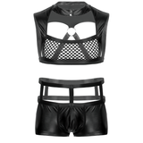 Men's Naughty Officer Cosplay Costume / Fishnet Front Crop Top with Hollow Out Waist