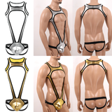 Men's One-Piece Shiny Metallic Underwear / Wide Shoulder Strap Bulge Pouch Male Rave Clubwear - EVE's SECRETS