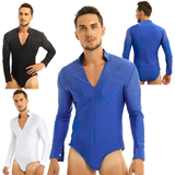 Men's One-Piece Shiny Rhinestones Leotard Bodysuit / Long Sleeve V-Neck Latin Tango Costume - EVE's SECRETS