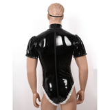 Men's Patent Leather Bodysuits With Lace Headband & Stockings / Male Sissy Maid Lingerie for Cosplay - EVE's SECRETS