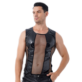Men's Patent Leather See-Through Tank Top / Sexy Wet Look Outfits in Black Color