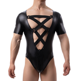 Herren-Bodysuit mit tiefem Ausschnitt und überkreuzten Brustgurten / Sexy schwarzer Kurzarm-Trikot 