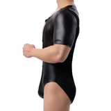 Men's Plunge Bodysuit with Criss-cross Chest Straps / Sexy Black Short Sleeve Leotard - EVE's SECRETS