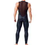 Men's PU Leather and Mesh Patchwork Jumpsuit / Sexy Male Black Zipper Sleeveless Bodysuits - EVE's SECRETS